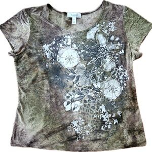 Dress Barn Floral Short Sleeve Top - Olive Brown and Cream